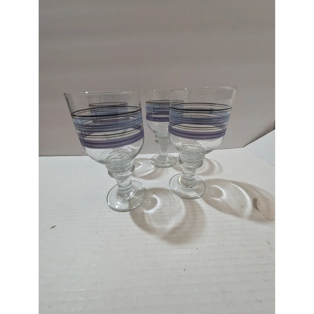 Pfaltzgraff Rio Glassware Set of 4 Purple Blue Striped Water Goblets 7 inch